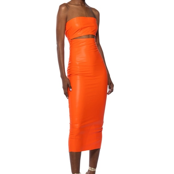 AKIRA Pleather Cut Out Midi Dress Vibrant Orange Strapless Baddie Club Going Out - Picture 8 of 16